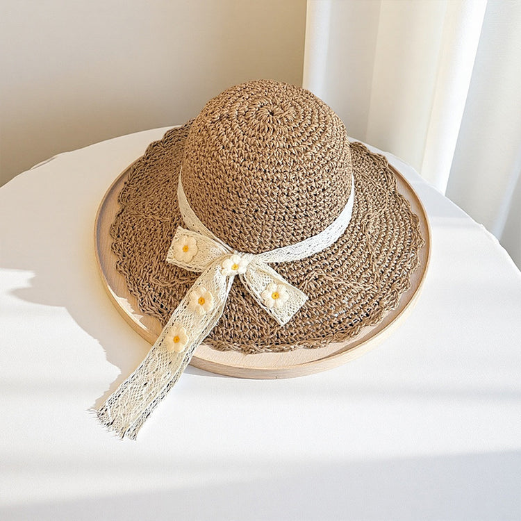 流行帽子|日系小清新帽子女花朵蕾絲蝴蝶結大檐草帽海邊度假新款遮陽防曬帽「C5325」25.06-3
