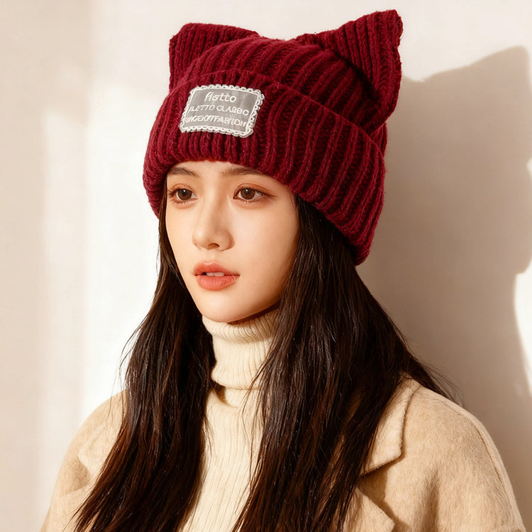 流行帽子|新款蕾絲貼布貓耳針織帽子女秋冬保暖毛線帽時尚百搭顯臉小包頭帽「C5801」25.11-2