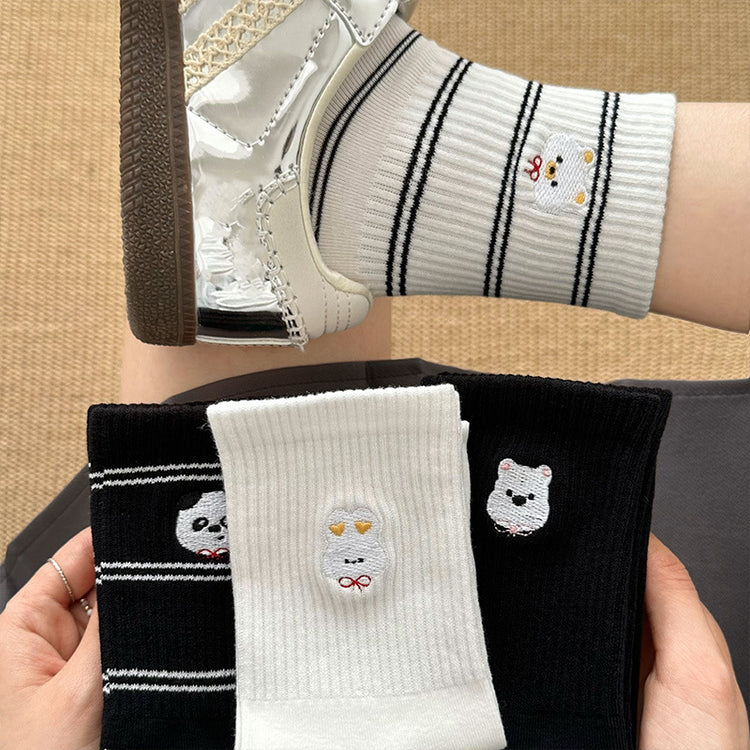 女襪|條紋襪子女萌趣卡通刺繡彈力中筒襪棉質吸汗防臭親膚舒適堆堆襪「W0124」25.03-4