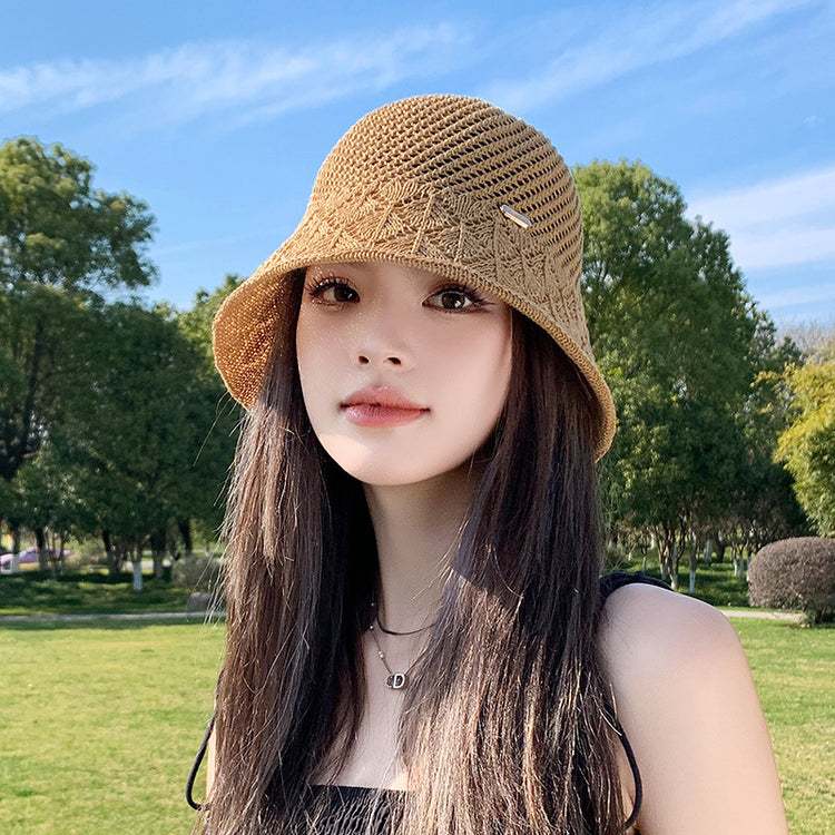 流行帽子|編織帽子女夏鏤空透氣顯臉小遮陽漁夫帽防曬水桶帽出遊韓版遮陽帽「C5143」25.04-1