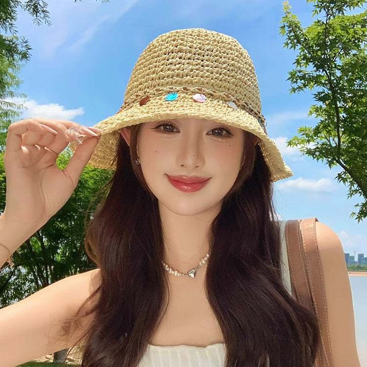 流行帽子|民族風貝殼裝飾鏤空草帽子女夏防曬透氣遮陽帽戶外出遊沙灘太陽帽「C5179」25.04-3