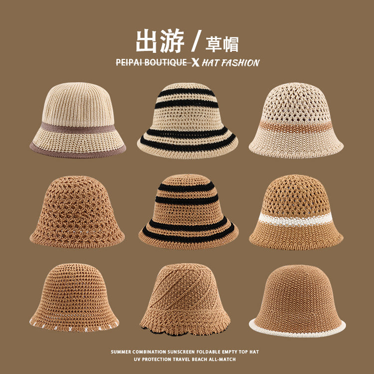 流行帽子|草帽編織女可折疊沙灘帽夏季鏤空透氣水桶帽甜美海邊遮陽帽子批發「C3748」24.03-4