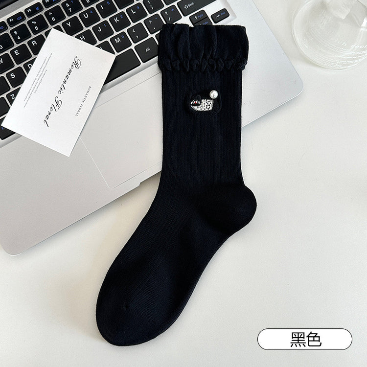 女襪|卡通刺繡襪子女miu系珍珠彈力親膚舒適中筒襪棉質吸汗透氣堆堆襪「XC2332」25.08-3