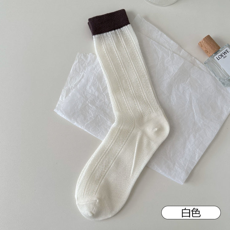 女襪|竹纖維抑菌防臭堆堆襪夏季薄款鏤空網眼透氣中筒襪彈力無骨冰冰襪「TM7373」25.05-1
