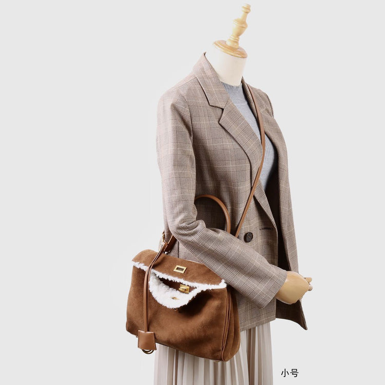 質感真皮|秋冬羊皮拼接磨砂牛皮腋下凱莉包鎖扣手提托特包通勤單肩斜挎大包「6138」24.11-4