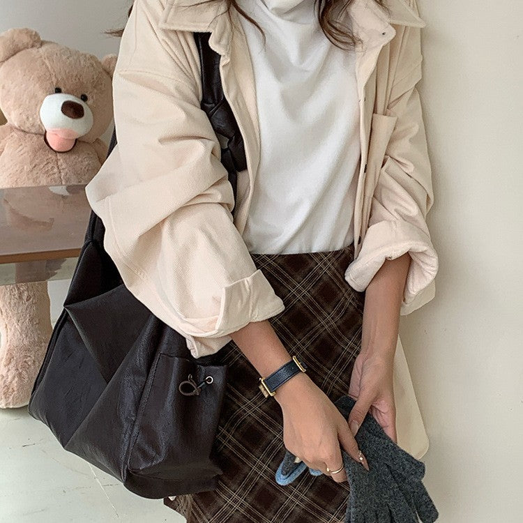 日韓流行|韓版大容量托特包女2025秋冬打結復古慵懶軟皮質感單肩斜挎包「D9042」25.11-1