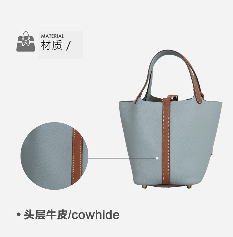 質感真皮|togo頭層牛皮拼接菜籃2024年新款時尚軟牛皮水桶包手提手拎包「226#」24.10-3