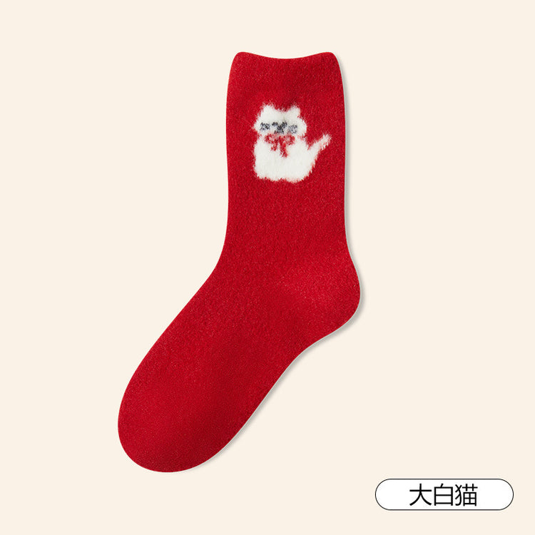 女襪|紅色襪子女秋冬季蓄熱加絨加厚保暖中筒襪2025蛇年本命年新年襪「HC5517」25.01-1