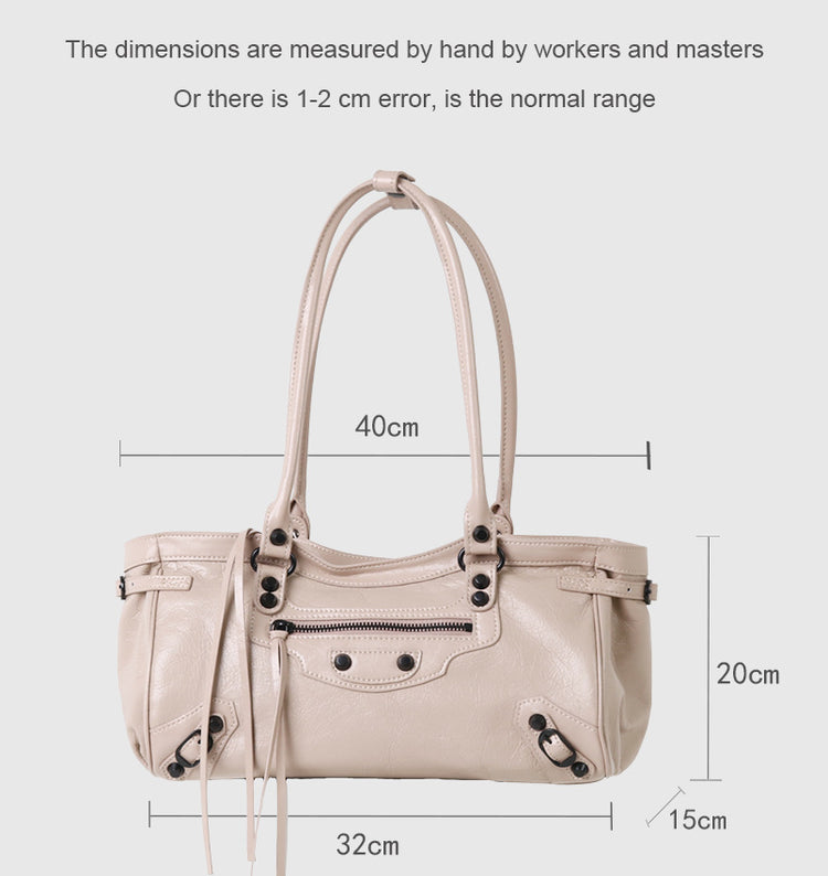 質感真皮|2025新款頭層油臘皮橫款機車包復古鉚釘休閒通勤單肩腋下托特包女「1186-O」25.10-1