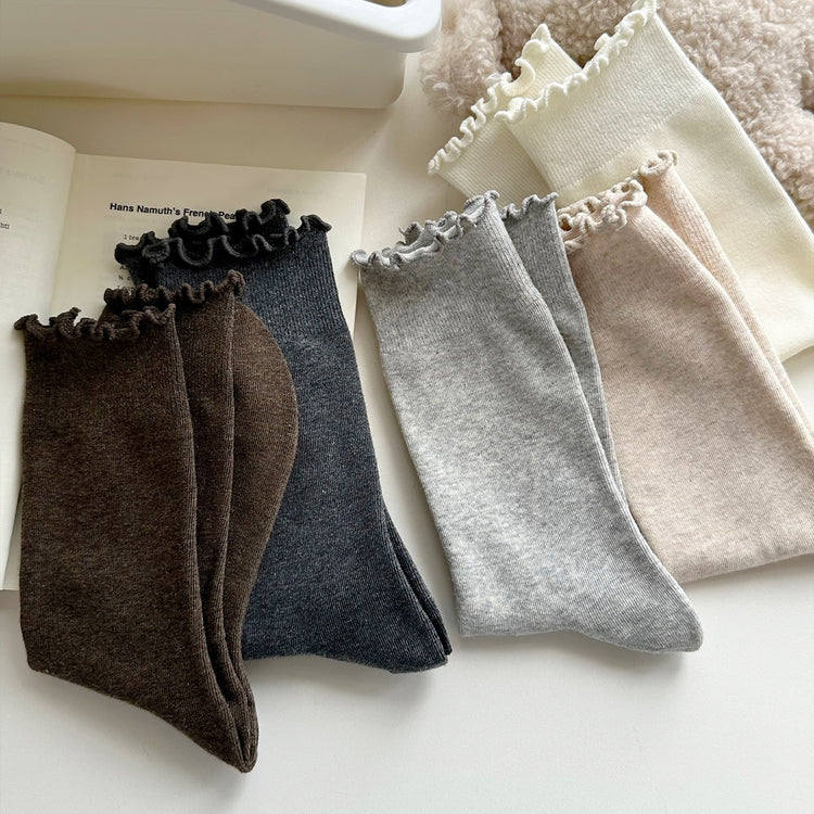 女襪|純色襪子女彈力木耳邊親膚舒適堆堆襪棉質吸汗透氣抑菌防臭中筒襪「DS1153」25.09-3