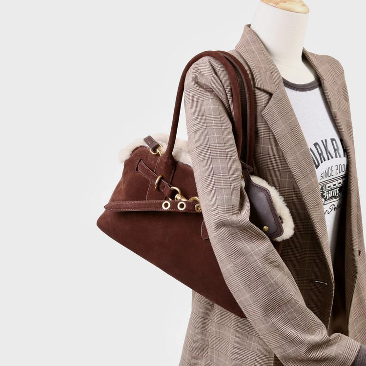 質感真皮|2025新款復古磨砂毛絨拼接手提包大容量通勤腋下包女包包小眾設計「8358」25.11-3