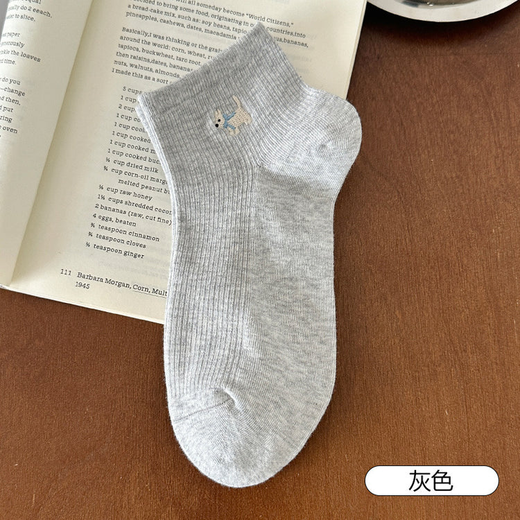 女襪|白色襪子女夏季薄款卡通刺繡小狗彈力短襪棉質吸汗透氣舒適運動襪「FKF2508」25.06-3