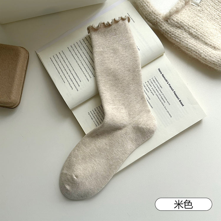 女襪|純色襪子女彈力木耳邊親膚舒適堆堆襪棉質吸汗透氣抑菌防臭中筒襪「DS1153」25.09-3