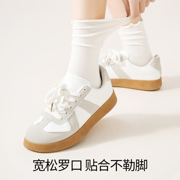 女襪|白色襪子女秋季ins潮木耳邊中筒襪棉質吸汗透氣純色彈力堆堆襪「YLF23131」25.06-3