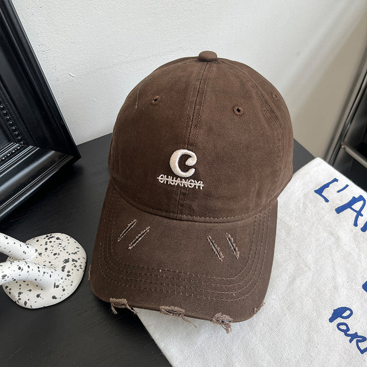 流行帽子|字母破洞棒球帽子女春夏新款復古百搭遮陽帽顯臉小軟頂鴨舌帽子男「C4884」24.12-5