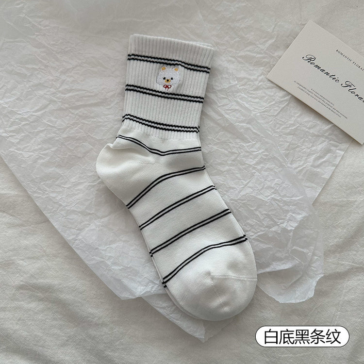 女襪|條紋襪子女萌趣卡通刺繡彈力中筒襪棉質吸汗防臭親膚舒適堆堆襪「W0124」25.03-4