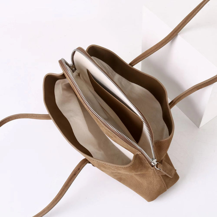 質感真皮|2025新款頭層麂皮不規則斜頂手提托特包磨砂荔枝牛皮腋下包「6163-S」25.10-1