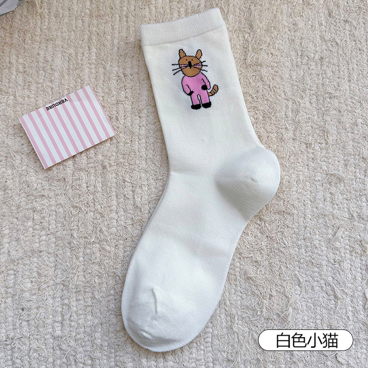 女襪|襪子女士秋冬日系插畫卡通貓咪中筒襪彈力無骨親膚舒適堆堆襪「WN2511」25.10-1