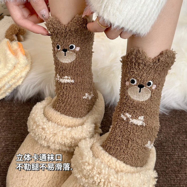 女襪|冬季襪子女軟糯舒適居家保暖地板襪立體卡通圖案加絨加厚睡眠襪「QZ2578」25.11-2