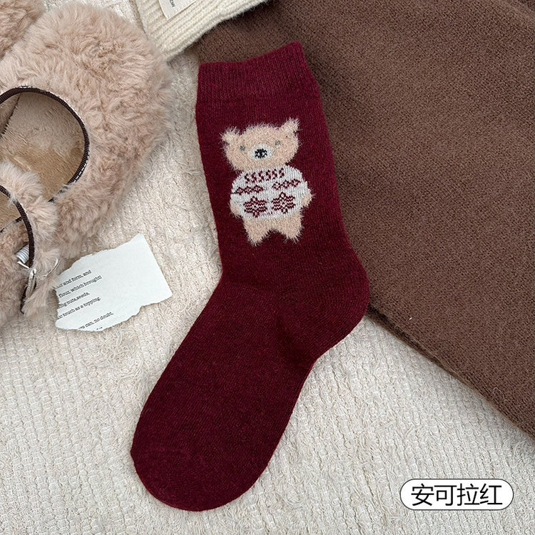 女襪|襪子女士可愛卡通立體植絨小熊中筒襪秋冬季加厚保暖羊毛襪「GO2590」25.11-3