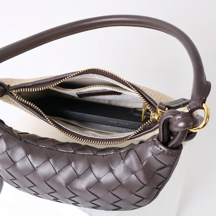 質感真皮|2025新款拉菲草編拼牛皮雙子包拼色月亮包度假單肩腋下包時尚編織包「9781-1」25.07-1