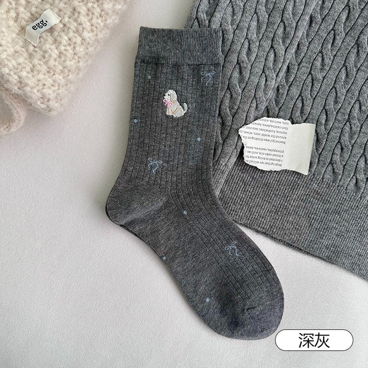 女襪|襪子女士小狗刺繡卡通趣味減齡中筒襪棉質吸汗透氣彈力堆堆襪「F2523」25.10-3