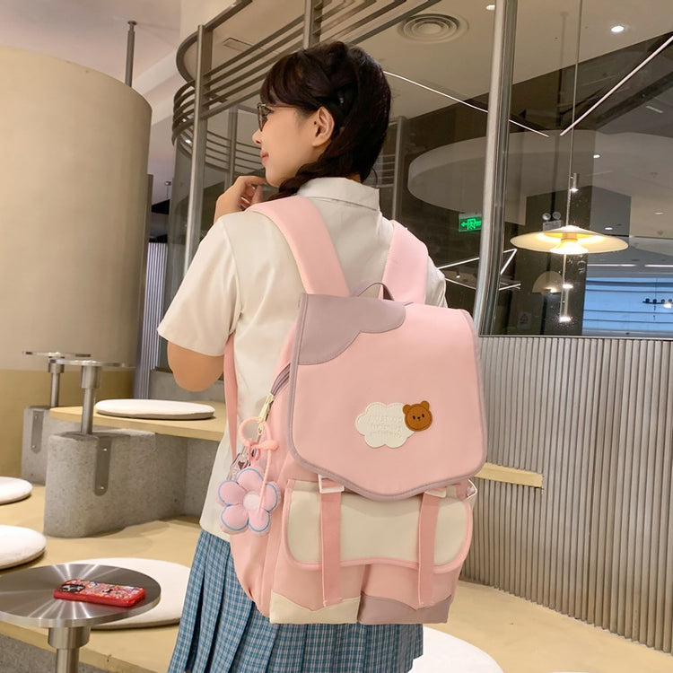 致青春|2024年流行韓版拼色雙肩包女高顏值少女心甜美背包可愛國高中小學生書包「749-134」24.07-5