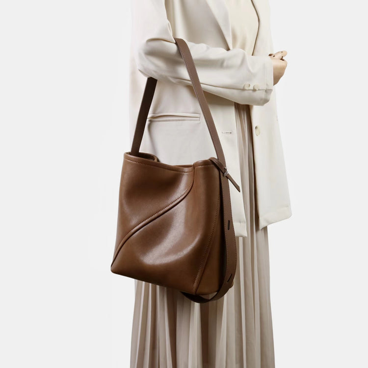 質感真皮|2025新款大容量牛皮拼接質感通勤子母包時尚百搭單肩腋下水桶包女「7056」25.09-3