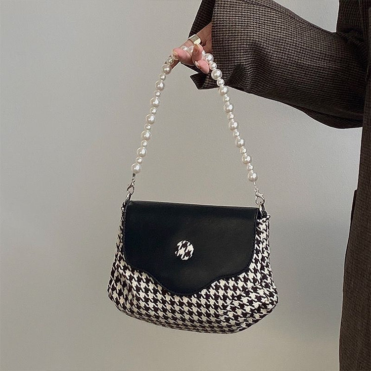 日韓流行|韓國2025年新珍珠手提包千鳥格撞色單肩腋下包百搭時尚鏈條斜背包「9592#」25.04-5