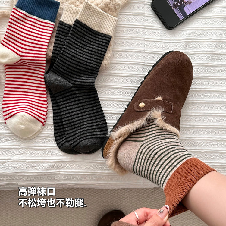 女襪|撞色復古條紋襪子女棉質吸汗透氣彈力中筒襪親膚舒適好搭堆堆襪「B24107」25.10-3