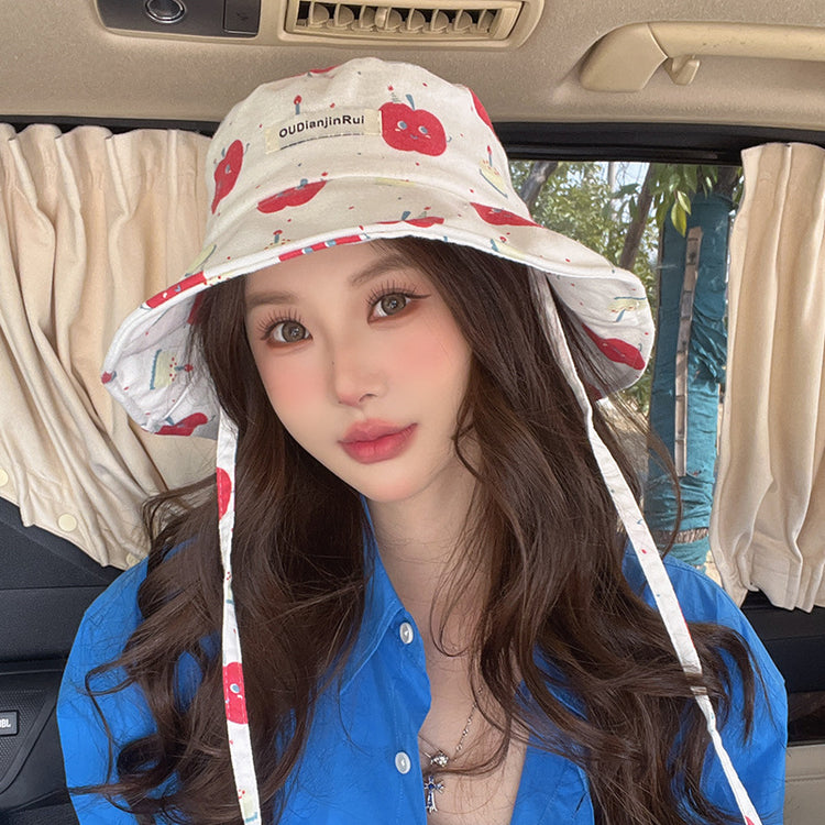 流行帽子|遮陽帽女韓版印花蘋果漁夫帽戶外夏季防紫外線遮陽帽戶外防曬帽子「C5056」25.03-1