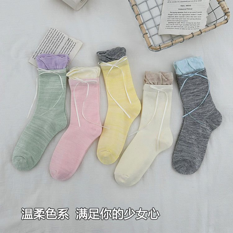 女襪|灰色堆堆襪子女彈力拼接花苞襪口中筒襪芭蕾風側邊飄帶蝴蝶結jk襪「S1205」25.04-2