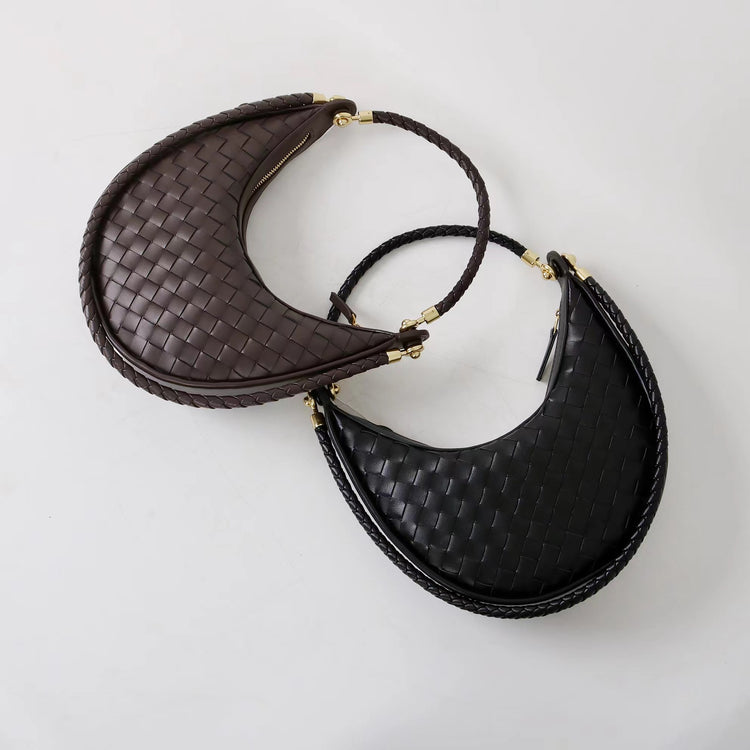 質感真皮|編織半月包Hobo腋下包2025新款百搭單肩大容量女包斜挎手提包「6032」25.02-2