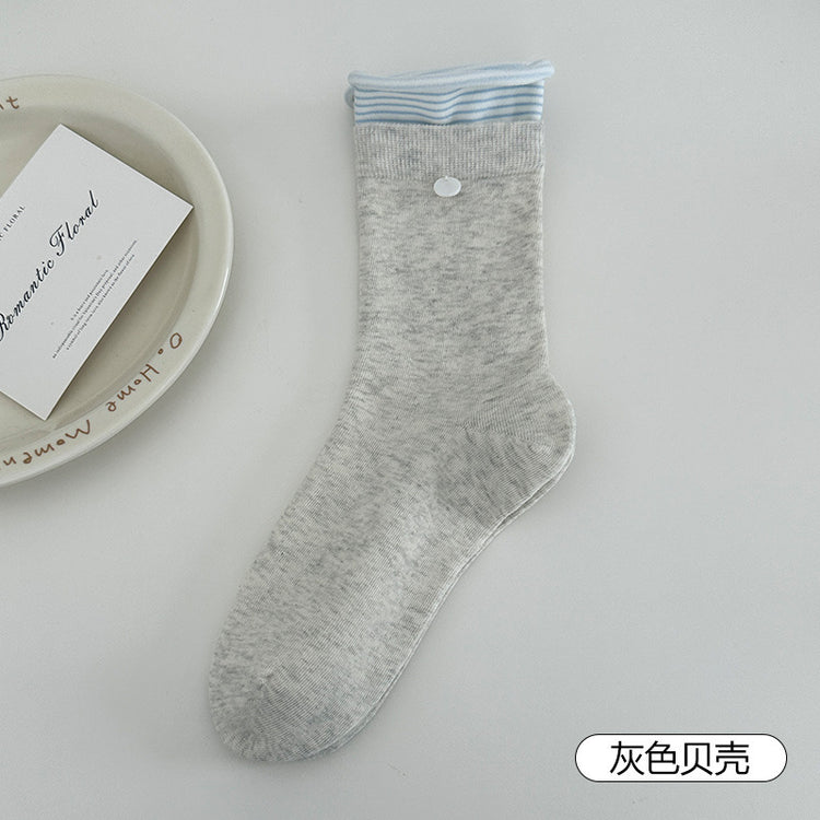 女襪|翻邊紐扣襪子女棉質吸汗透氣彈力中筒襪miu系芭蕾風襪子批發「JFT25820」25.07-1