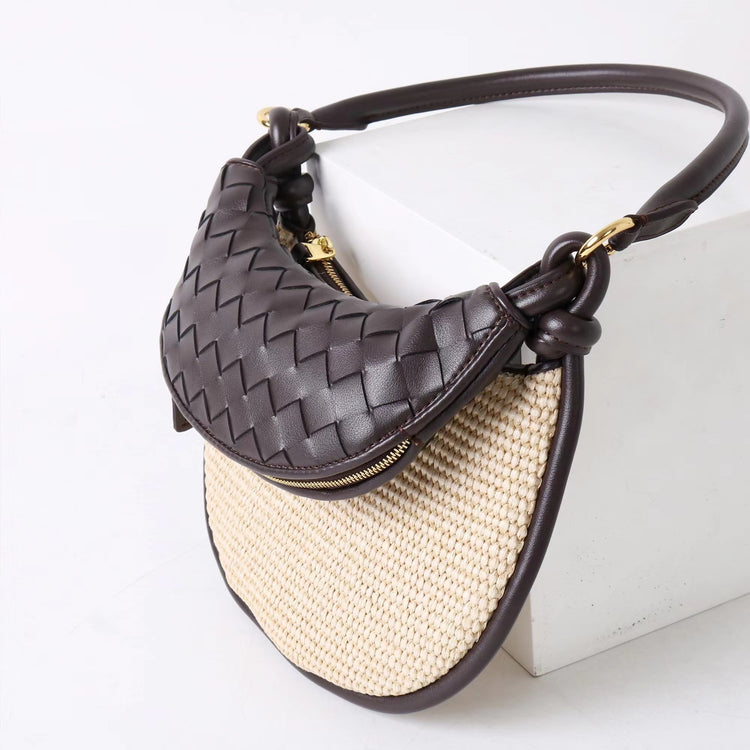 質感真皮|2025新款拉菲草編拼牛皮雙子包拼色月亮包度假單肩腋下包時尚編織包「9781-1」25.07-1