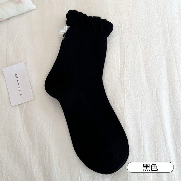 女襪|後跟蝴蝶結襪子女春夏季ins潮花邊襪口中筒襪棉質吸汗透氣堆堆襪「SM2501」25.04-1