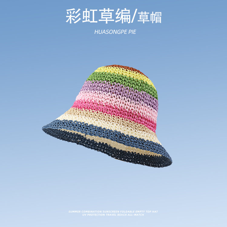 流行帽子|蕾絲系帶草帽夏季女帽子防曬學生戶外遮陽帽綁帶沙灘彩虹太陽帽子「C3929」24.05-2
