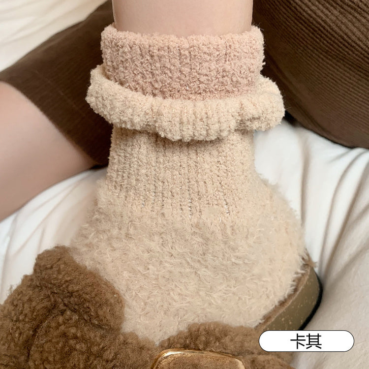 女襪|珊瑚絨襪子女秋冬季美拉德彈力保暖中筒襪加絨加厚居家睡眠地板襪「AD2415」24.11-2