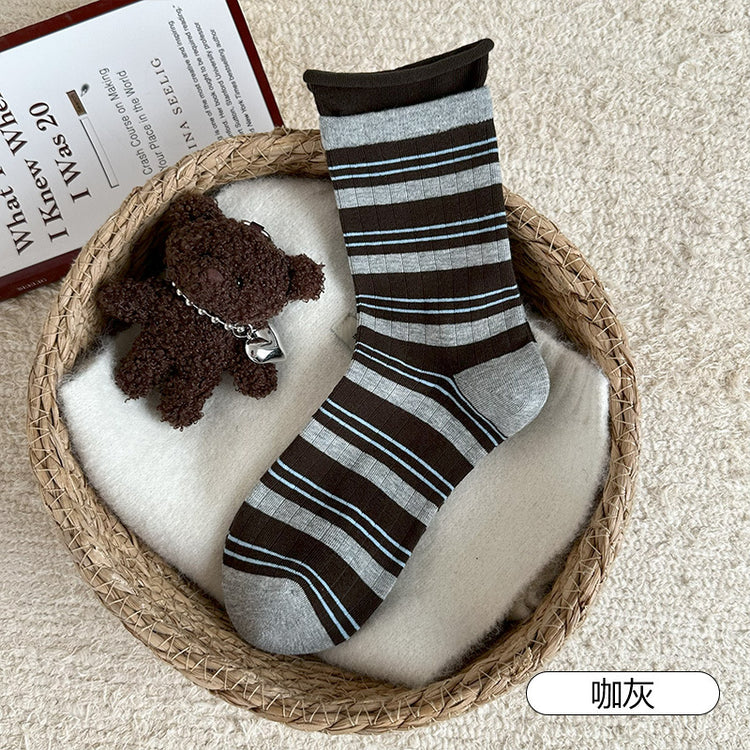 女襪|撞色雙羅口襪子女彈力無骨卷邊條紋堆堆襪棉質吸汗透氣防臭中筒襪「CX802」25.09-3