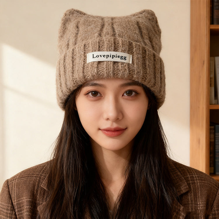 流行帽子|貓耳朵帽子女秋冬韓系大頭圍可愛保暖針織帽護耳顯臉小毛線冷帽潮「C5838」25.11-3