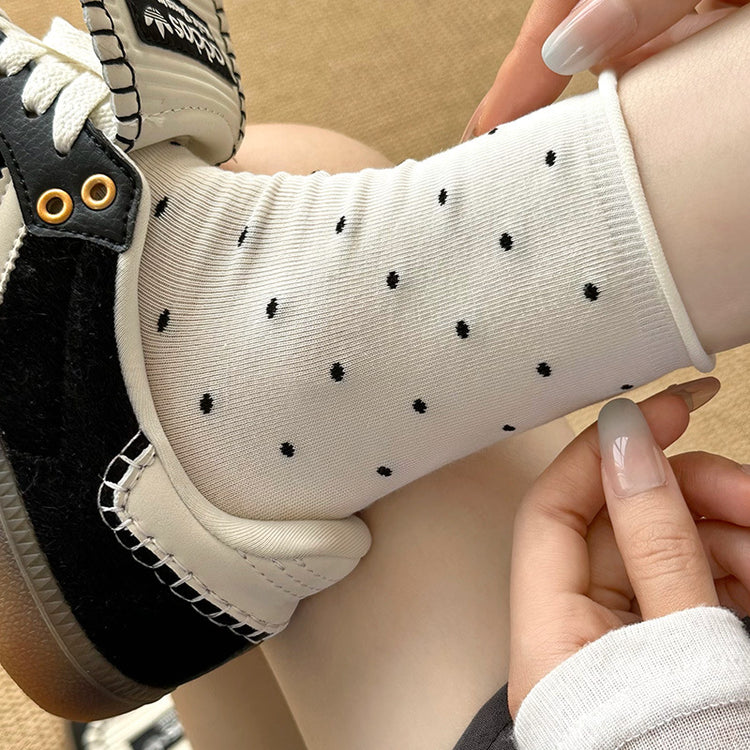 女襪|波點襪子女夏季薄款ins潮彈力卷邊中筒襪棉質親膚吸汗透氣堆堆襪「HD25811」25.04-4