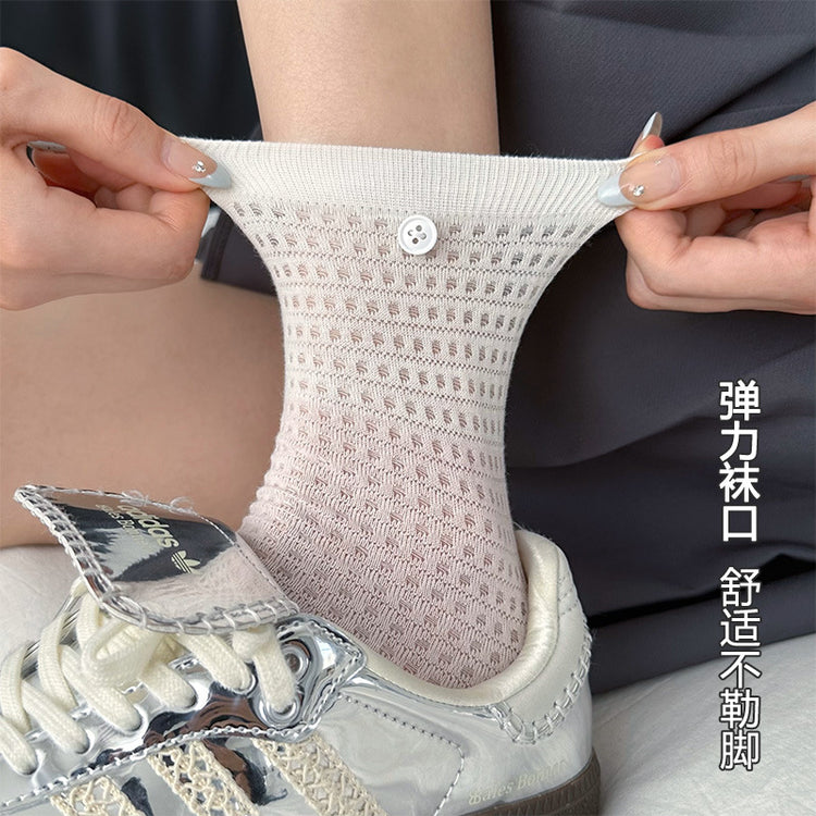 女襪|紐扣襪子女夏季薄款ins潮流拼色中筒襪無骨網眼透氣諸暨襪子批發「QP2515」25.04-2