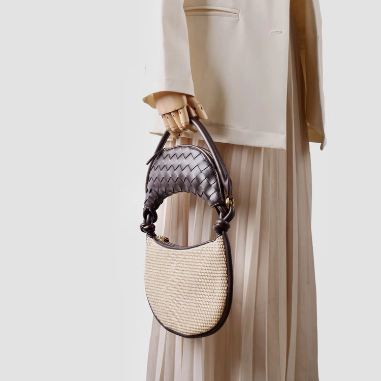 質感真皮|2025新款拉菲草編拼牛皮雙子包拼色月亮包度假單肩腋下包時尚編織包「9781-1」25.07-1