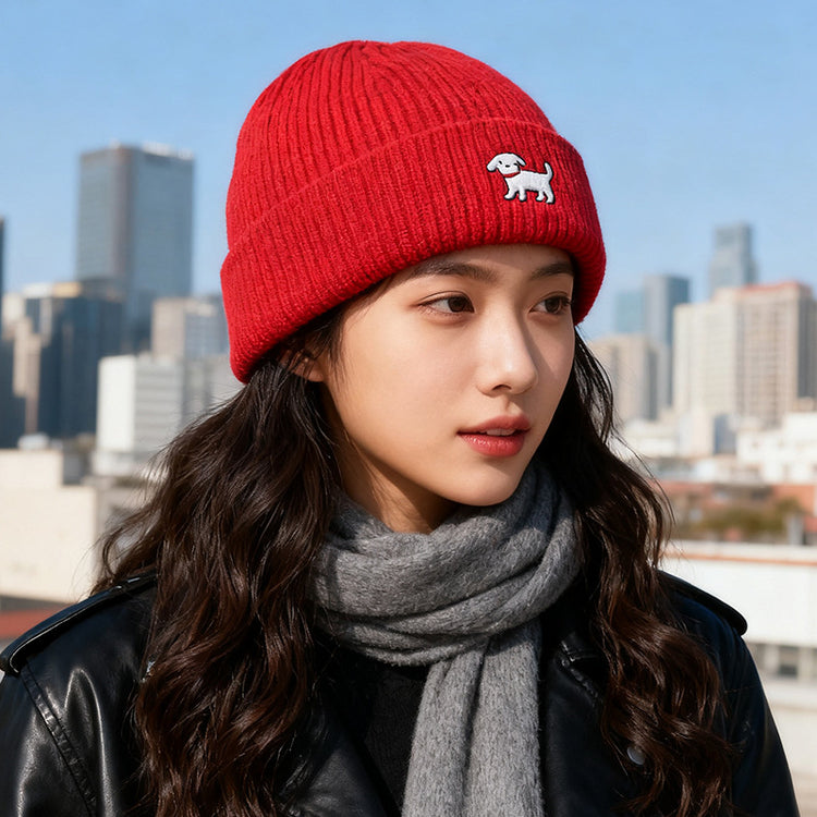 流行帽子|可愛小狗刺繡針織帽女秋冬款韓版百搭毛線帽顯臉小大頭圍保暖帽子「C5674」25.09-5