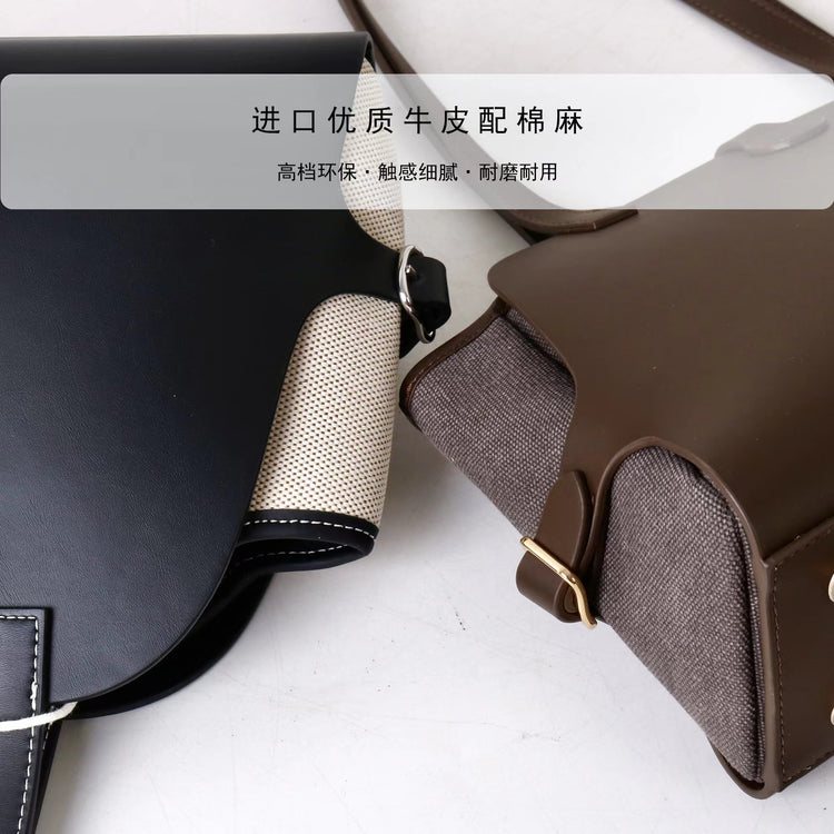 質感真皮 | 2025新款輕奢小眾牛皮拼接棉麻手提托特包腋下包大容量通勤包時尚包包「3937」25.08-3
