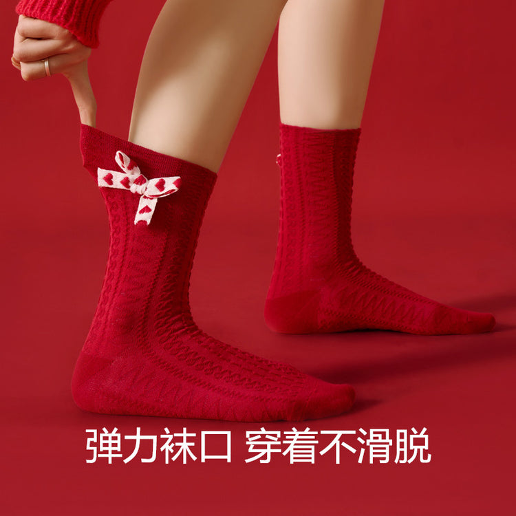 女襪|本命年紅色襪子女秋冬季2025蛇年花邊可愛中筒襪情侶結婚喜慶棉襪「TM5522」25.01-2