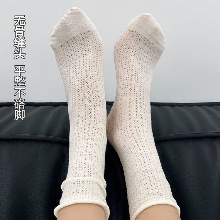 女襪|灰色襪子女夏季薄款網眼透氣中筒襪miu系配瑪麗珍彈力無骨堆堆襪「YJ24126」25.04-4