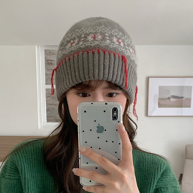 流行帽子|聖誕雪花~24新款冬季保暖毛線帽女復古百搭檐系紅繩針織帽毛線帽「C4739」24.10-5