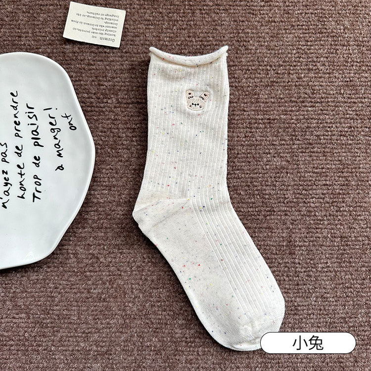 女襪|點子紗襪子女棉質吸汗透氣防臭堆堆襪彈力無骨卷邊卡通刺繡中筒襪「M24173」25.09-5