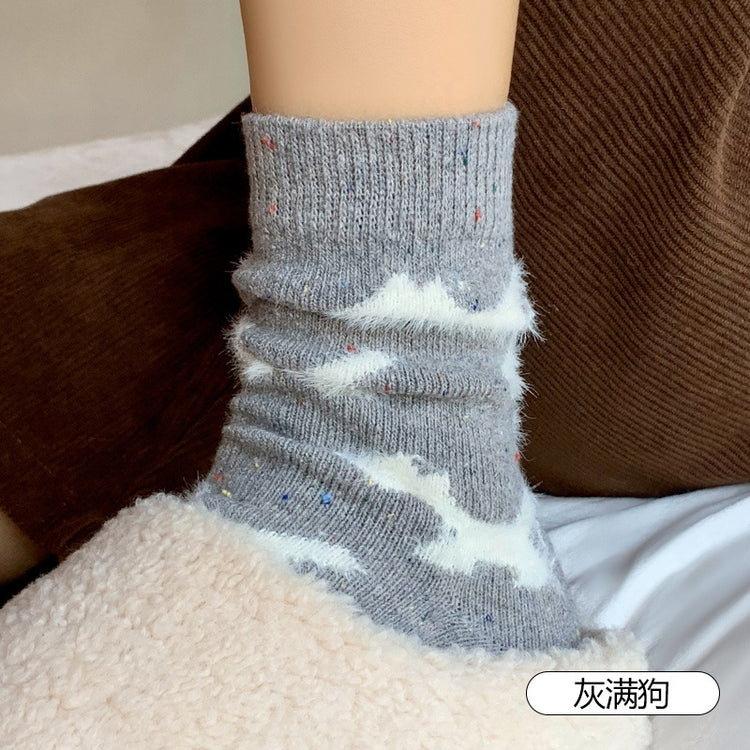 女襪|羊毛襪子女秋冬季加厚保暖蓄熱鎖溫中筒襪卡通可愛小狗居家睡眠襪「CX762」24.12-2